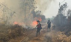 Api Membakar Lahan di Perigi, Polres OKI dan Warga Berjibaku Cegah Karhutla Meluas